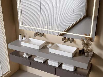 Modern Bathroom Vanity With Double White Sinks Mirror LED Lighting Plants Drawers And Folded Towels 3d model