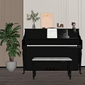 Elegant Black Piano and Decorative Paintings in Room Interior with Green Plants and Music Sheets