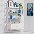 White Tiered Shelving Unit With Potted Plants Books Glassware And Decorative Items