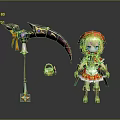 Red Hooded Game Movie Character with Blonde Hair Blue Eyes Red Dress and Large Scythe