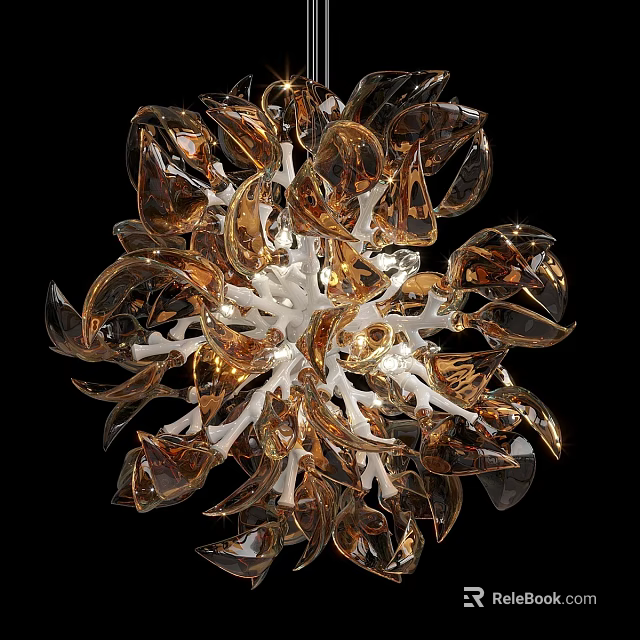 Elegant Modern Chandelier With Amber Glass Petals And Warm Light Glow 3d model 