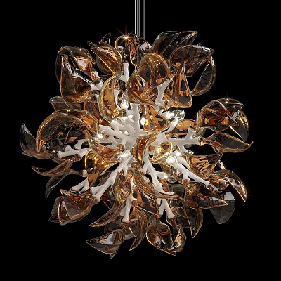 Elegant Modern Chandelier With Amber Glass Petals And Warm Light Glow 3d model