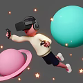 Boy Wearing VR Headset Holding Game Controller Floating Among Colorful Planets And Stars