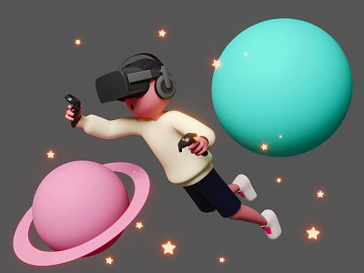 Boy Wearing VR Headset Holding Game Controller Floating Among Colorful Planets And Stars 3d model