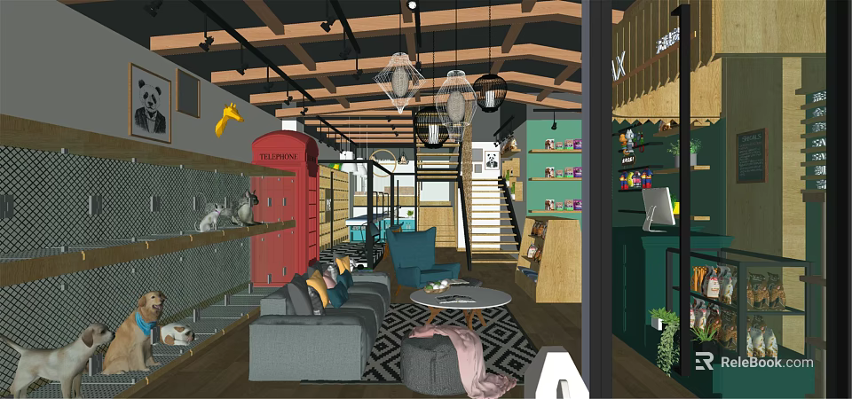 Modern Shopping Mall Store Interior Design With Sofa Coffee Table Shelves Staircase And Chandeliers 3d model 