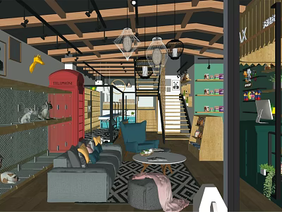 Modern Shopping Mall Store Interior Design With Sofa Coffee Table Shelves Staircase And Chandeliers 3d model