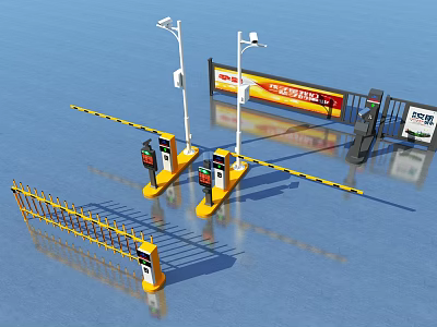 Automatic Road Barriers With Toll Booths Street Lights And Billboard For Parking Access 3d model