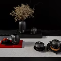 Elegant Tea Set Display With Teapot Teacups Red Tray And Dried Flowers Vase 3d model