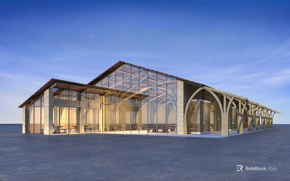 Modern Boutique Homestay Architecture With Glass Curtain Walls And Wooden Arched Structures 3d model 