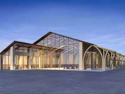 Modern Boutique Homestay Architecture With Glass Curtain Walls And Wooden Arched Structures 3d model