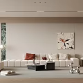 Modern Living Room Interior With Beige Sofa Red Cushions Black Coffee Table And Floral Painting