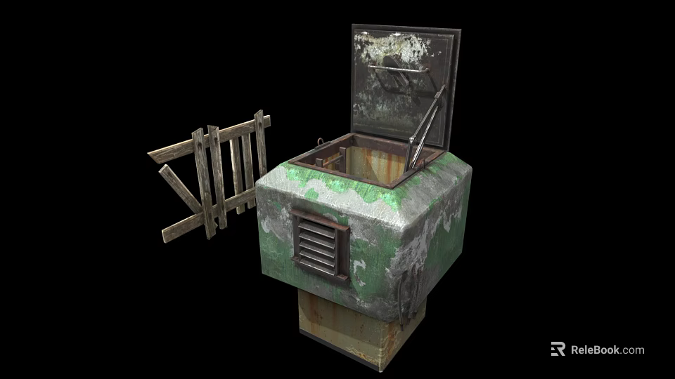 Old Rusted Green Metal Building Structure With Open Lid And Broken Wooden Fence Gate 3d model 