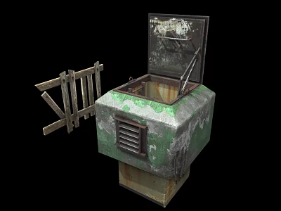Old Rusted Green Metal Building Structure With Open Lid And Broken Wooden Fence Gate 3d model
