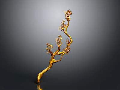 Golden Tree Branch Decoration With Curved Stems And Flower Ornaments On Gray Background 3d model