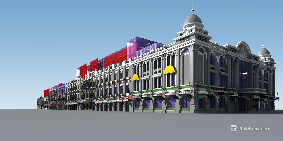 Classical Commercial Street With Multi Story Buildings Yellow Awnings And Arched Windows 3d model 