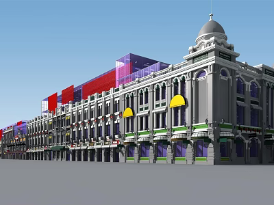 Classical Commercial Street With Multi Story Buildings Yellow Awnings And Arched Windows 3d model