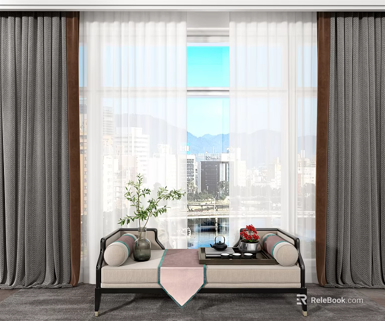 Elegant Thick And Sheer Curtains In Living Room With City View Sofa And Plants 3d model 