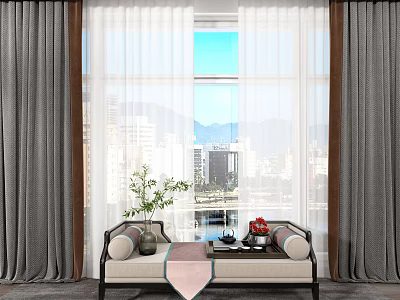 Elegant Thick And Sheer Curtains In Living Room With City View Sofa And Plants 3d model