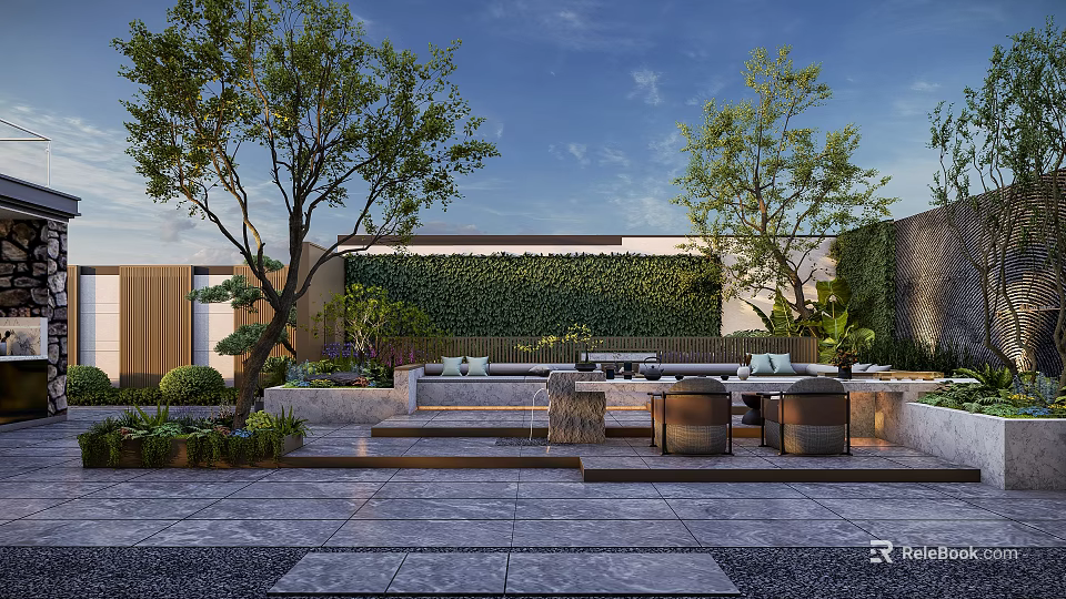 Modern Courtyard Garden Landscape Featuring Vine Wall Trees Greenery Stone Floor Sofa Open-air Leisure Area 3d model 