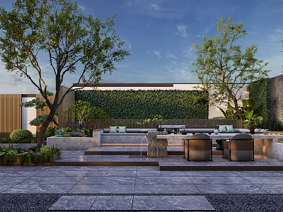 Modern Courtyard Garden Landscape Featuring Vine Wall Trees Greenery Stone Floor Sofa Open-air Leisure Area 3d model
