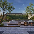 Modern Courtyard Garden Landscape Featuring Vine Wall Trees Greenery Stone Floor Sofa Open-air Leisure Area