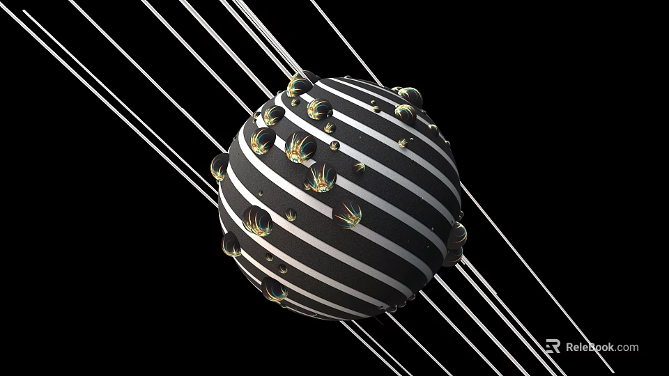 Future Architecture Spherical Structure With Black White Stripes Green Elements And Surrounding White Lines 3d model 