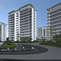 Modern High Rise Residential Building With Greenery Water Feature And Walkway