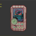 Retro Futuristic Handheld Device With Metallic Casing Digital Screen And Blue Buttons