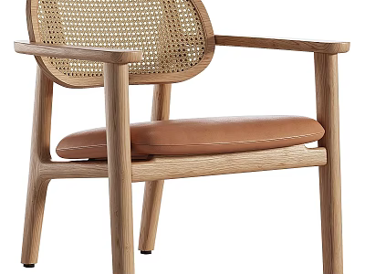 Natural Wooden Frame Single Chair With Wicker Backrest Armrests And Brown Leather Cushion 3d model
