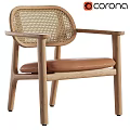 Natural Wooden Frame Single Chair With Wicker Backrest Armrests And Brown Leather Cushion