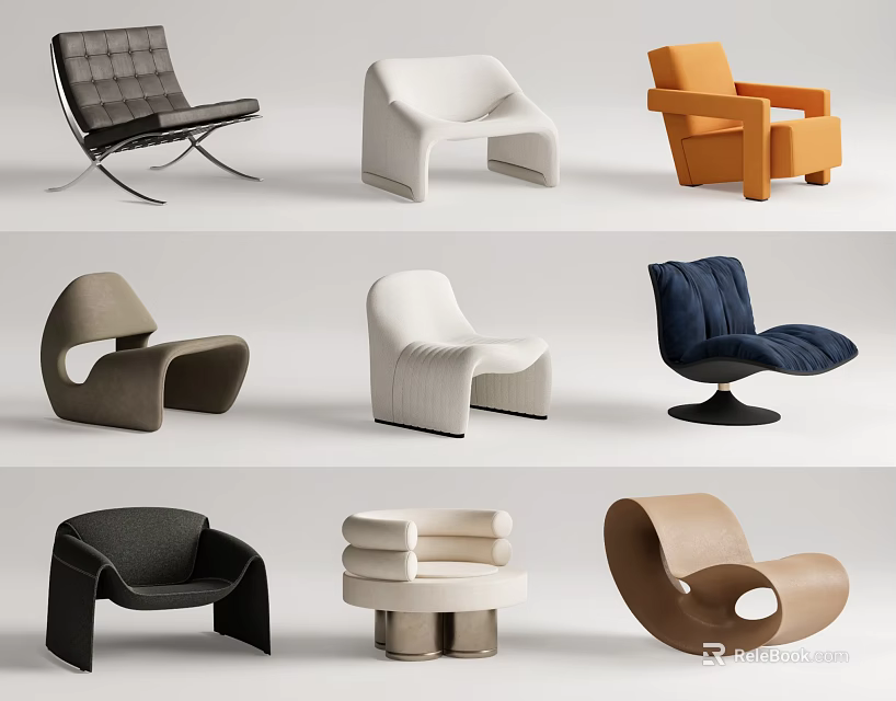 Various Modern Accent Chair Designs Featuring Different Colors And Unique Shapes 3d model 