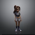 Cartoon Girl 3D Character With Brown Ponytail Gray Crop Top White Shorts And Sneakers