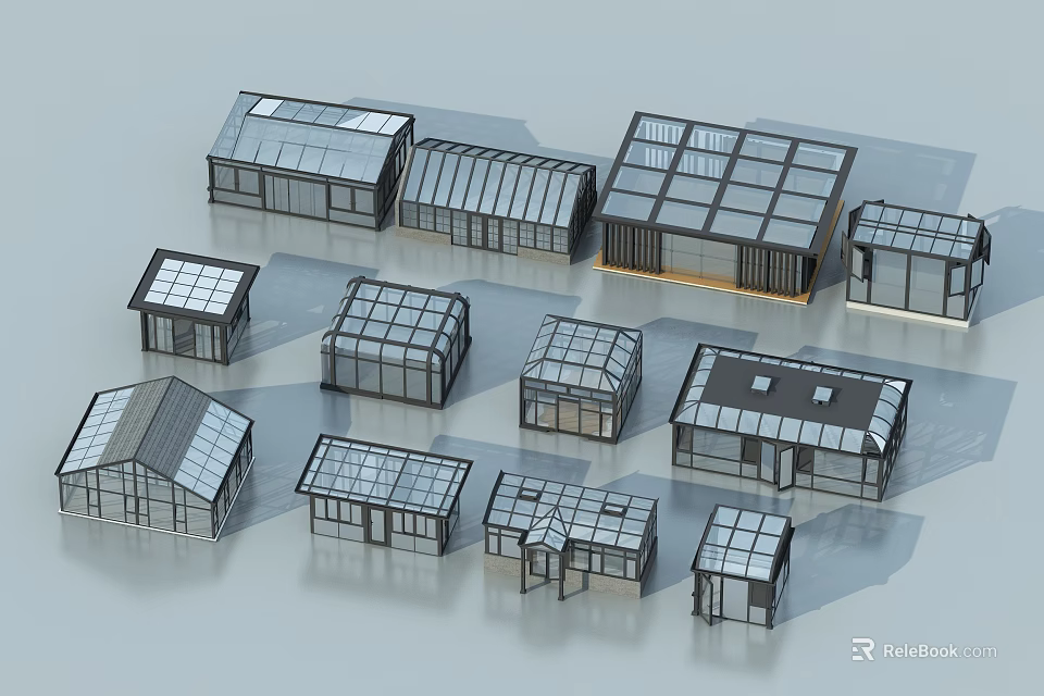 Various Glass House Architectural Models With Different Roof And Window Designs 3d model 