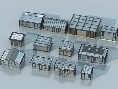 Various Glass House Architectural Models With Different Roof And Window Designs 3d model