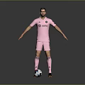 A Man In Pink Sports Uniform Standing With Soccer Ball On Gray Background