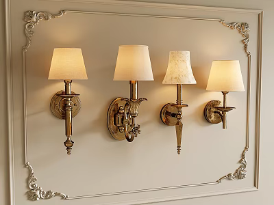 Elegant Four Wall Lamps With Golden Base And Cream Lampshades On Decorative Wall 3d model