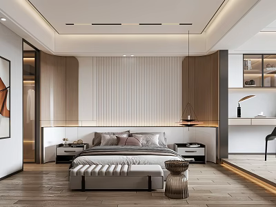 Modern Bedroom Interior Design With Striped Wall Pendant Light Bedside Tables And Wooden Floor 3d model