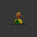 Orange Character In Flower Dress Standing On Green Grass With Small Yellow Flowers