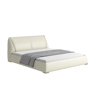 Modern Cream Colored Leather Double Bed With Curved Headboard And Checkered Blanket 3d model