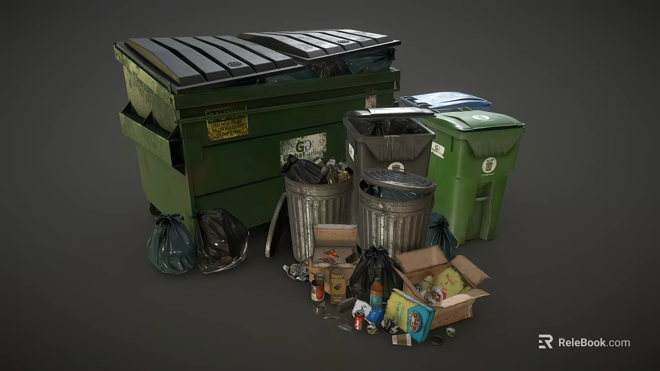 Public Trash Bins Including Green Containers Metal Cans and Scattered Litter 3d model 