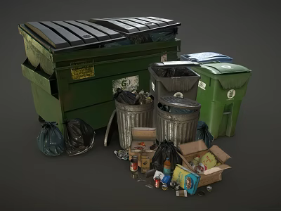 Public Trash Bins Including Green Containers Metal Cans and Scattered Litter 3d model