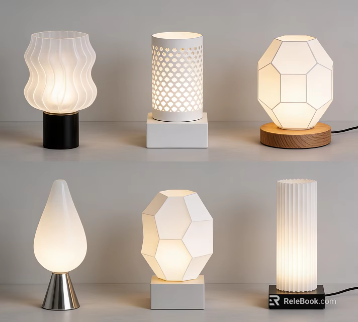 Modern Creative Table Lamps With Geometric Wave And Hexagonal Shapes And Wooden White Black Bases 3d model 