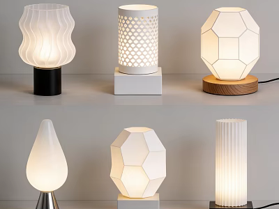 Modern Creative Table Lamps With Geometric Wave And Hexagonal Shapes And Wooden White Black Bases 3d model