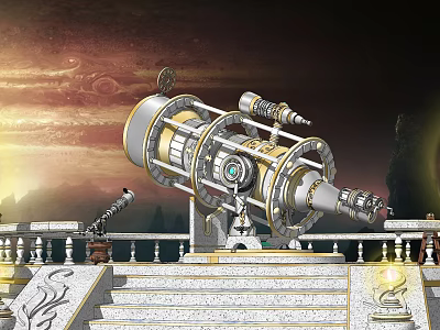 Commercial Astronomical Observatory Equipment with Large Telescope Structure on Marble Platform and Celestial Starry Sky 3d model