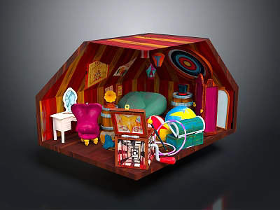 Scenic Toy House Interior With Red Striped Roof And Colorful Playful Elements 3d model