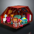 Scenic Toy House Interior With Red Striped Roof And Colorful Playful Elements