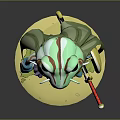 Frog Shaped Game And Movie Character With Green Skin Yellow Suspenders And Red Weapon
