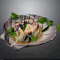 Delicate Food On Shell Shaped Plate With Purple Garnish Green Leaves White Thin Strips