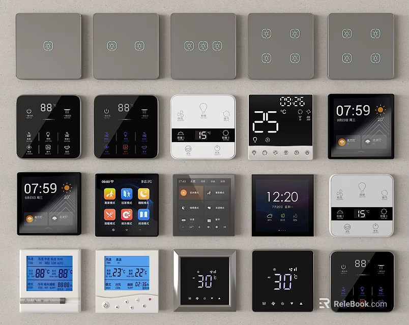 Various Modern Switch Panels Featuring Digital Displays Smart Controls And Temperature Indicators 3d model 