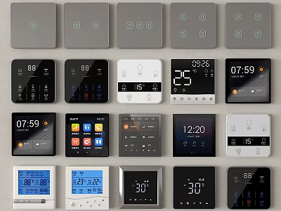 Various Modern Switch Panels Featuring Digital Displays Smart Controls And Temperature Indicators 3d model